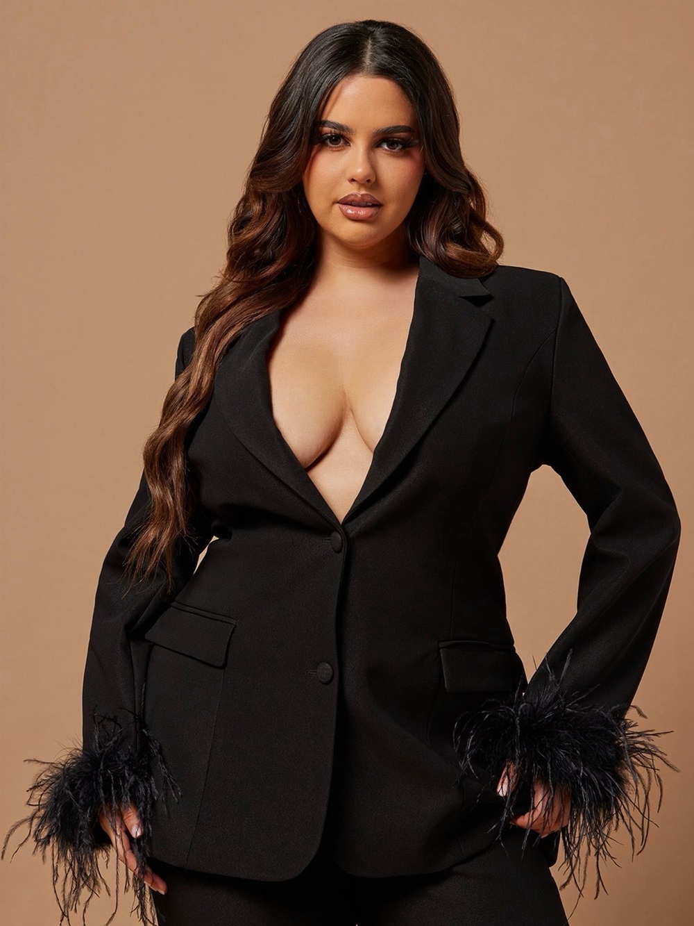 Fashion Nova Black Feather Cuff Blazer Jacket